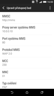 15 z 33 Nastavení MMS Vyberete možnost Mobilní data. Poté zvolíte Názvy přístupových bodů. Stisknete Možnosti a zvolíte Nový název AP.