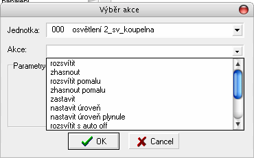 - Menu pro osvětlení: Pro každou jednotku osvětlení máme k dispozici možnosti: - Rozsvítit - požadovaný světelný okruh se rozsvítí, - Zhasnout - požadovaný světelný okruh se zhasne, - Rozsvítit