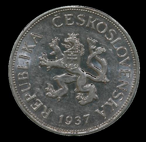 1938 ČESKOSLOVENSKÁ PĚTIKORUNA Datace: 1937 kov Technika: ražba šířka 21,3 mm, výška 25,3 mm Inventární číslo: H5-25342 Československá mince v hodnotě 5 korun byla ražená s přestávkami od roku 1925