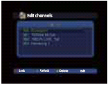 EDIT CHANNELS Úprava seznamu stanic Po výběru položky EDIT CHANNELS se zobrazí stejnojmenná nabídka, která obsahuje seznam naladěných stanic: Se stanicemi lze provádět tyto operace: Červené tlačítko