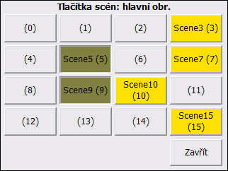 Volbu tlačítek DALI scén lze provést tlačítkem Výběr scén, po jehož stisku se otevře následující obrazovka: V otevřené obrazovce se nabízí tlačítka DALI scén 0 až 15, která slouží k výběru, jaká