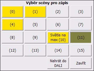 K tomu, jaké skupiny (anebo jaká zařízení v obrazovce pro přímé ovládání zařízení) mají být zahrnuty do DALI scény, kterou si v následujícím kroku zvolíme, slouží zaškrtávací políčka, která spolu s