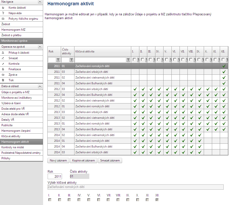 2.1.10. Harmonogram aktivit Záložka Harmonogram aktivit je aktivní v případě zvolení checkboxu na záložce Údaje o projektu a MZ. V opačném případě zůstávají pole bez možnosti editace.