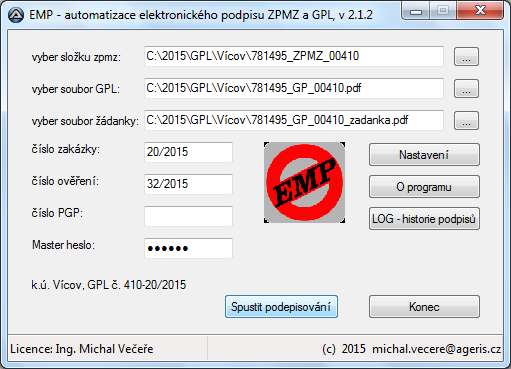 Standardní běh programu - podpis ZPMZ, GPL a žádanky: "Spustit podepisování" spustí