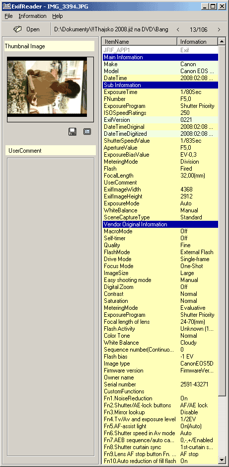 Ukázka exif dat ukrytých v obrázku tak, jak je dokáže zobrazit vynikající program