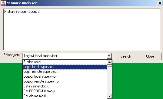 Network Analyser Dialog prohlížení historie alarmů všech stanic sítě o Vybereme požadovaný typ záznamu v historii alarmů o Tlačítkem Search spustíme proces prohledávání historie alarmů všech stanic v