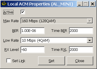 4.2.11 ACM Properties pro spoje MP360/165 Dialog nastavení přenosových vlastností modulátoru pro adaptivní modulaci.