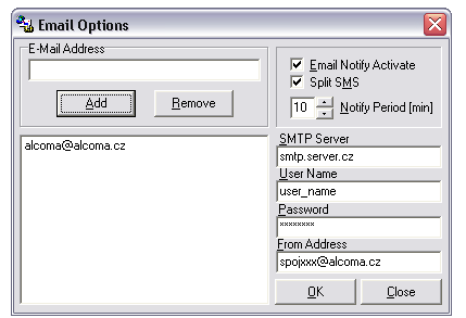 4.6.7 Email Settings Dialog pro nastavení notifikace při změně statusu stanice na Emailovou adresu (SMTP klient). Tato služba je viditelná pouze, je-li v systému WINDOWS nainstalován protokol TCP/IP.
