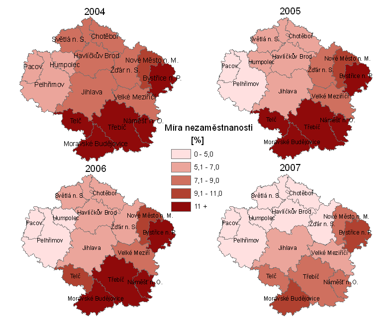 Obr. 5: Míra nezaměstnanosti ve SO ORP kraje na konci roku 2004-2007 Pramen: Nezaměstnanost z územního hlediska na Integrovaném portálu MPSV, MPSV, 2009 Vliv na míru nezaměstnanosti v jednotlivých