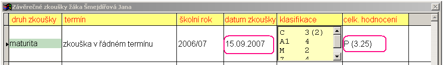 Příklad 3 Žák není klasifikován nebo propadá z předmětu a úspěšně vykoná opravnou zkoušku do konce června. Datum a kód ukončení : 30. 6. 2007, ukončení vzdělávacího programu bez předepsané zkoušky.