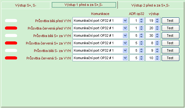 OP32 výstupy pro výhybky (RZZ, řídící panel) Nastavení výstupů na systém OP32 je možno provést na záložce Výstup S+, S-, kde jsou nastaveny kontrolky radiče výhybky a průsvitky polohy výhybky.