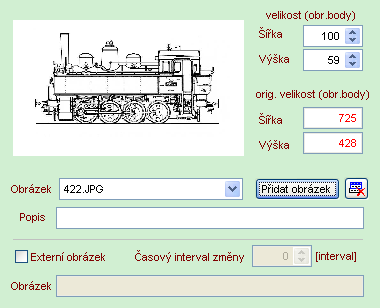 OBRÁZEK Na reliéf kolejiště lze umísťovat obrázky, které jsou poté součástí projektu (obrázky jsou nakopírovány do projektu). U obrázků lze volit velikost pro zobrazení.