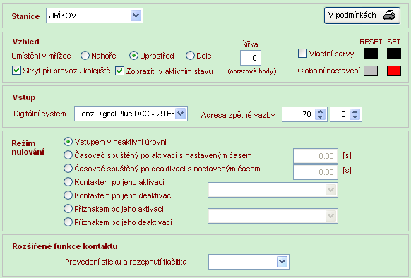 KONTAKT Prvek kontakt slouží k získání stavu jiného prvku přímo v kolejišti (zpětná vazba). Je to prezentováno vstupem digitálního systému na určité adrese. Stav kontaktu lze zpracovávat v podmínkách.