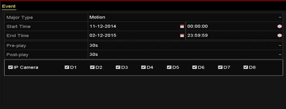 SATA nebo pevného disku esata. Je podporováno rychlé a normální zálohování. 1. Vstupte do rozhraní exportu. Menu (Nabídka) > Export > Event (Událost) 2. Vyberte kamery, které chcete prohledat. 3.