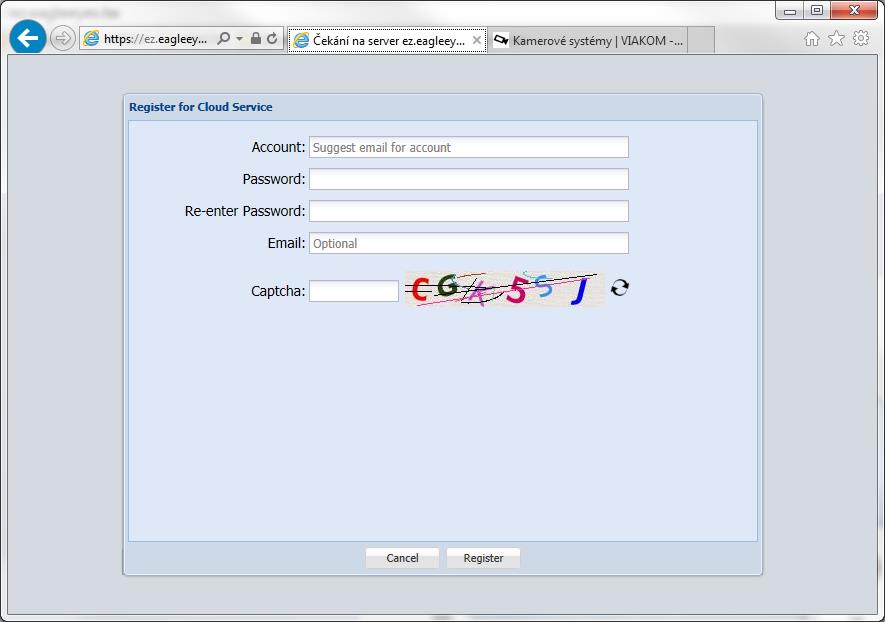 Pokud ještě nejste zaregistrovaní v Cloud službě, je nutné si