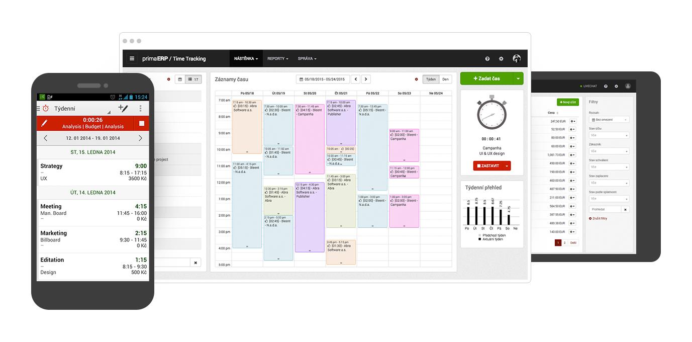 Time Tracking, Attendance a Billing sledování času pro vaše projekty a úlohy Jednoduše zaznačte příchod a odchod v docházce Sledujte čas strávený na projektech, u zákazníků anebo různými aktivitami