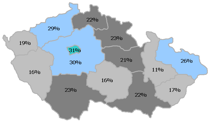 Mapa 1 ohrožení majetkovou kriminalitou: Procenta v jednotlivých krajích udávají podíl respondentů, kteří si myslí, že by se mohli v následujících 12 měsících stát obětí majetkové kriminality (T3B