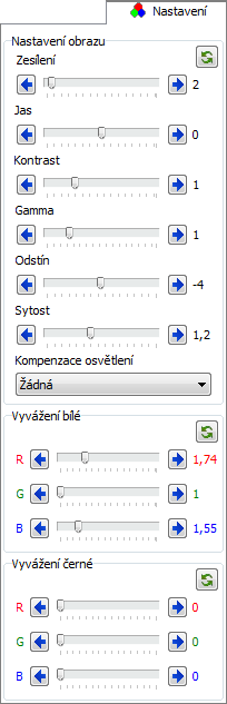 Ovládací panely snímacích zařízení Záložka Nastavení Tato záložka obsahuje ovládací prvky, které slouží k úpravě nastavení parametrů obrazu.