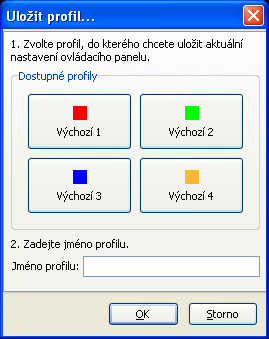 Ovládací panely snímacích zařízení Profily: tlačítka v sekci Profily slouží k načtení uložených profilů.