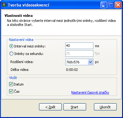 Moduly 3. Na další stránce můžete zvolit vlastnosti vytvářeného video souboru. Můžete zvolit rychlost, jakou budou snímky ve video souboru promítány.