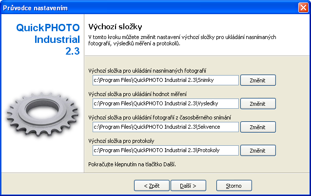 Základní nastavení programu Výběr výchozích složek Další strana průvodce vám umožní nastavit složky, které budou výchozí při ukládání snímků, výsledků
