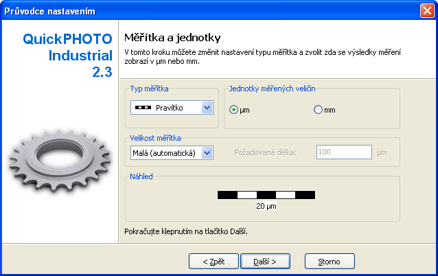 Základní nastavení programu Nastavení měřítka a jednotek Na této straně průvodce můžete zvolit typ a velikost kalibrovaného měřítka podle svých potřeb.