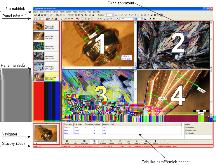 Hlavní okno programu Všechny vložené objekty (kresby, popisky, měření) jsou ukládány do samostatné vrstvy nad snímkem a je možné je kdykoliv modifikovat (změna barvy, tloušťky čáry, změna velikosti,