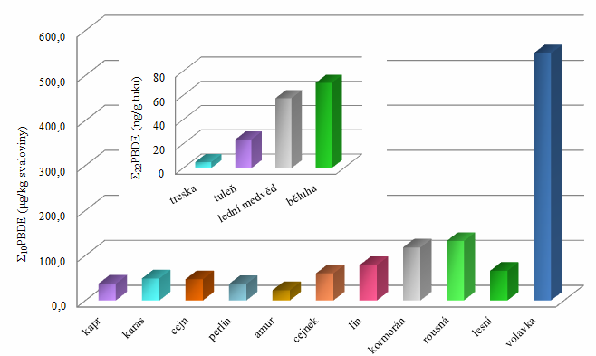 .1 PRAHA 7 Hladiny majoritních kongenerů PBDE ve svalové tkáni, kůži a vnitřnostech ryb odlovených ve vodní nádrži Laštejn vyjádřené jako celková kontaminace v µg/kg tkáně.