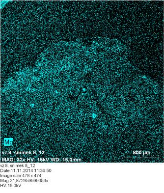 Obr. 29 Struktura malty č. 8 v SEM-BSE s vyznačením míst analyzovaných SEM-EDX. Tabulka 5.