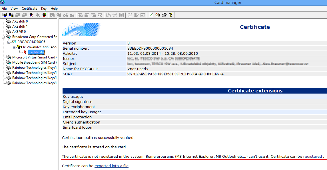 5. Pokud jde o certifikát na čipové kartě/usb tokenu, je zaregistrován v systémovém úložišti?