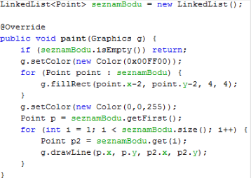 Pokud budou libovolné dva body mít přesně stejné souřadnice x a y, program skončí chybou Vykreslí všechny zadané body jako zelené čtverce s velikostí 4x4 pixely Pro každý druhý bod vytvoří