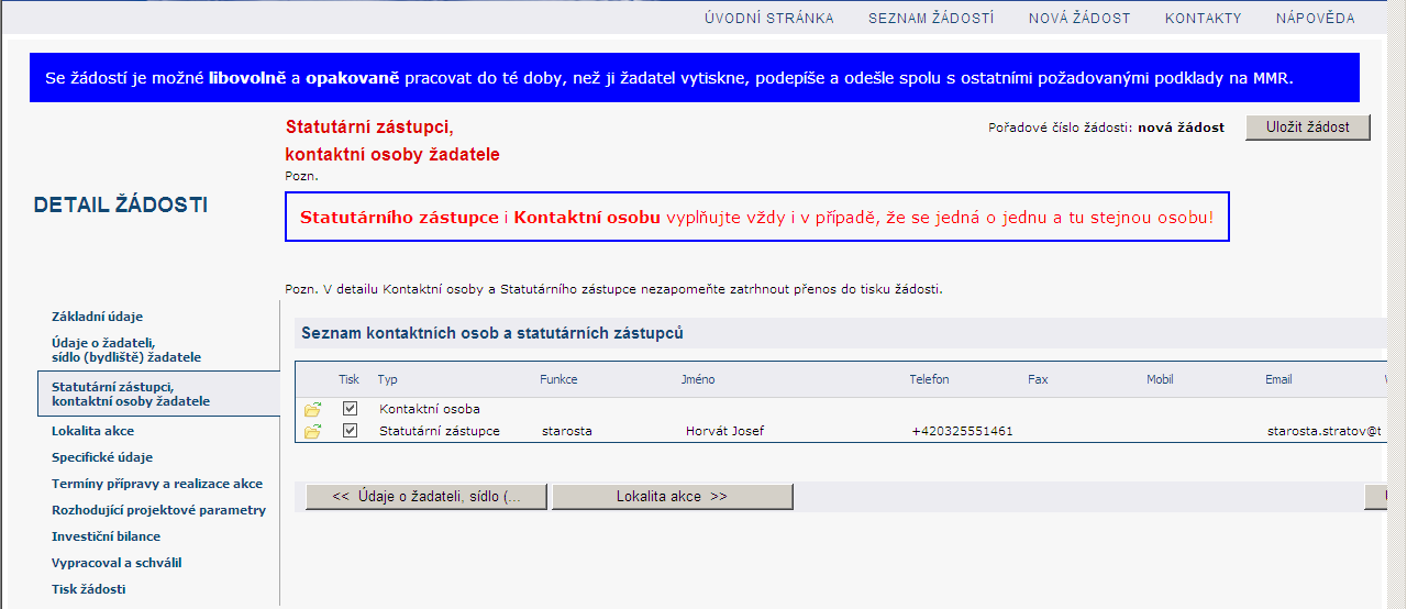 Vyplněná záložka Statutární zástupce Upozornění: S