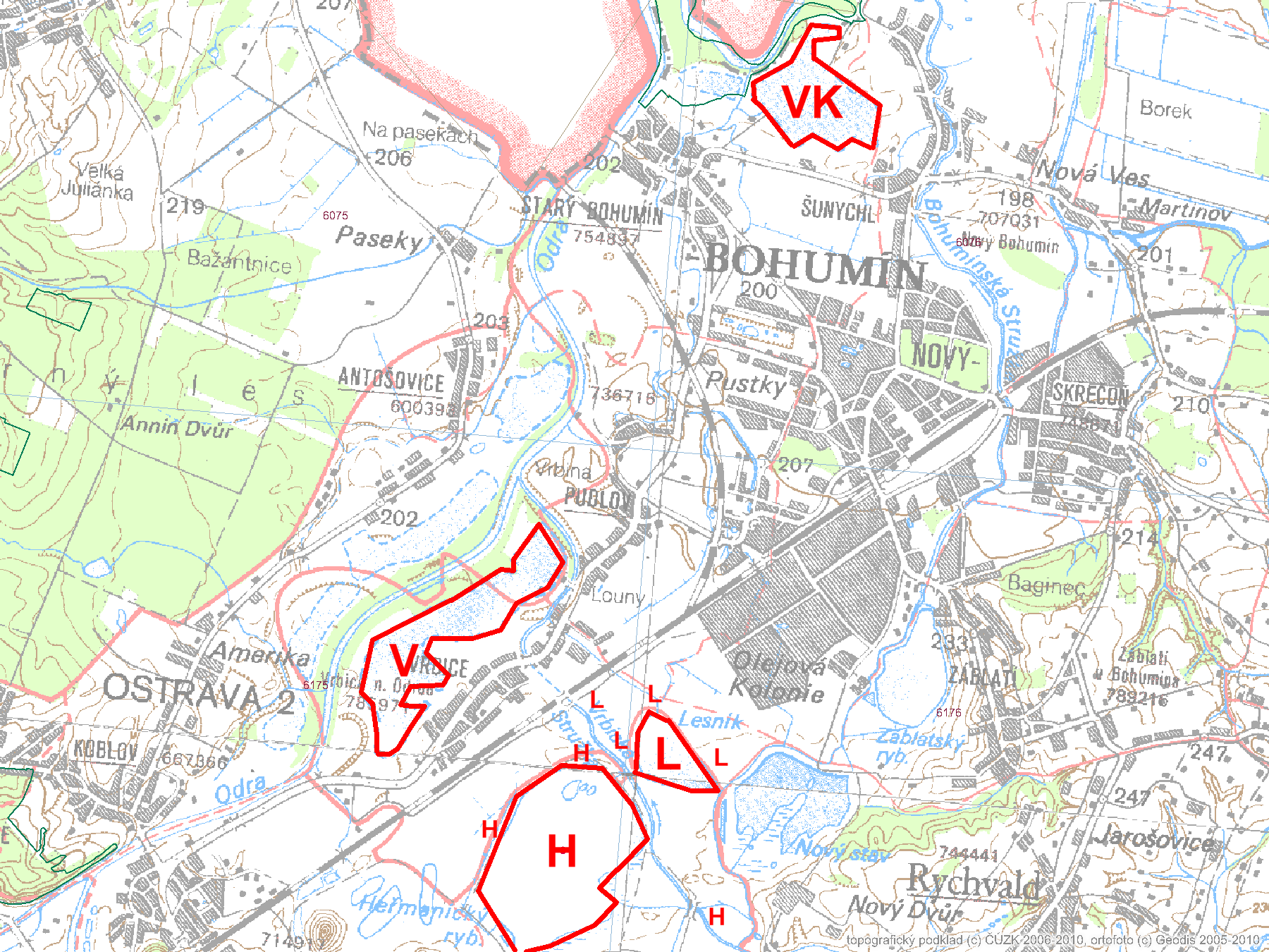 Mapa 9: Sledované stojaté vody v povodí Odry na území Ptačí oblasti Heřmanský stav Odra Poolší: