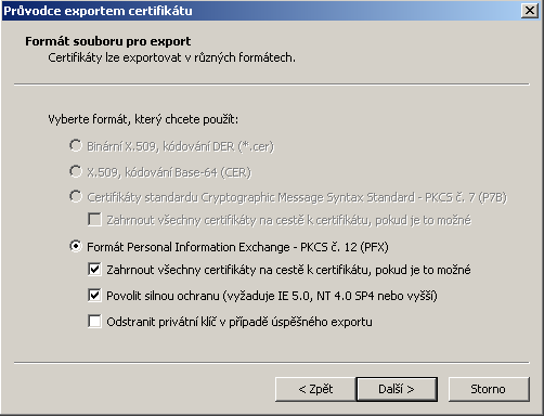 Obrázek 11: Volba exportu soukromého klíče pokud vám tato možnost není nabídnuta, byl certifikát elektronického podpisu nainstalován do systému/prohlížeče bez možnosti exportu soukromého klíče v tom