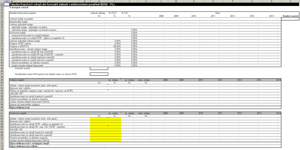 Tabulka Sukrmý subjekt (běžné ceny) Obrázek 23: List Zdrje financvání Tabulka finančních zdrjů dle frmuláře žádsti v elektrnickém prstředí BENE-FILL (Sukrmý subjekt) Zpracvatel vyplní v rámci tét