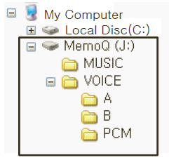 7. Adresáře MUSIC/VOICE a kvalita nahrávání Pokud podržíte ve standby módu joystick cca 3s směrem k symbolu + přepnete adresáře v následujícím pořadí (1 podržení = jeden krok) V adresáři MUSIC si