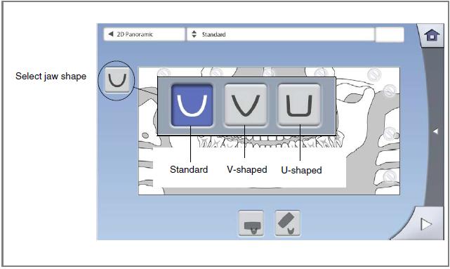 PANORAMATICKÉ SNÍMKOVÁNÍ 9.2.4 Výběr typu expozičního programu Z rozbalovacího menu vyberte typ programu. Viz sekci 7.1 na str. 16. 9.2.5 Výběr typu expozičního programu Použijte tlačítko nalevo pro výběr tvaru čelisti pacienta.