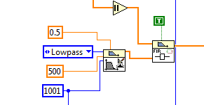 1,5 Hz. První blok opět nastavuje typ filtru, vzorkovací frekvenci, délku impulsní charakteristiky a mezní kmitočty. Druhy blok provádí filtraci. Obr.