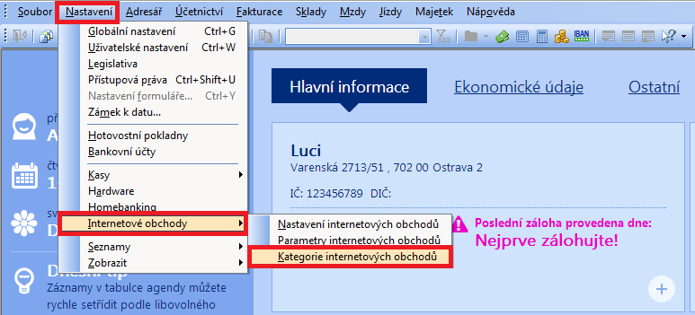 Správnost nastavení ověříte kliknutím na tlačítka Test připojení a následně Kontrola složek. 4. Nastavení kategorií internetových obchodů Pro přenos je nutné přiřadit zásobám internetovou kategorii.