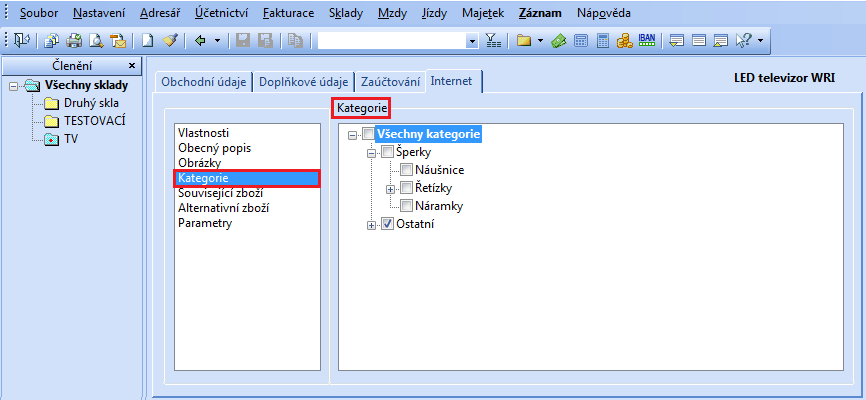 4.1 Přiřazení kategorie produktům Na kartě produktu si zobrazíte záložku Internet, v sekci Kategorie si vyberete internetové kategorie, do kterých má být produkt zařazen. 5.