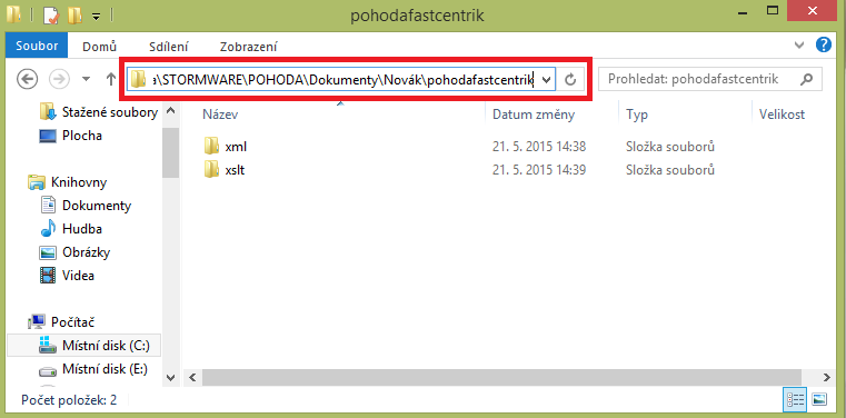 2.3 Nalezení datové složky pohody a adresářů pro XSLT šablony a xml Pro nalezení vytvořených složek dle bodu 2.