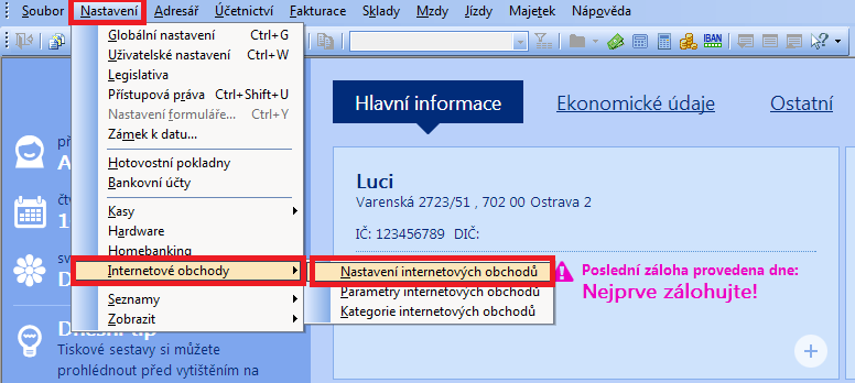 3. Nastavení internetových obchodů v Pohodě Pro přenos je nutné mít provedeno nastavení v ekonomickém systému POHODA v části Nastavení -> Internetové obchody -> Nastavení internetových