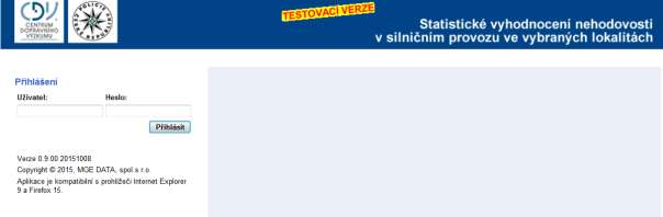 Přístup do aplikace Do aplikace statistického vyhodnocení nehodovosti v silničním provozu ve vybraných lokalitách se vstupuje přes vstupní formulář cestou Portálu GIS MD Jednotná dopravní vektorová