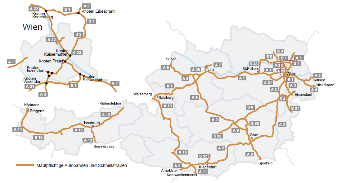 2.4 Rakousko U našeho jižního souseda musí dopravci řešit jak otázku mýtných poplatků, tak otázku daně z obratu. 2.4.1 Mýtné Za plánování, financování a výstavbu silniční sítě je v Rakousku zodpovědná státní společnost Asfinag, která od roku 1997 převzala také právo vybírat silniční poplatky.