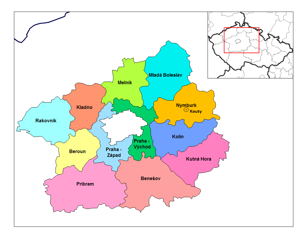 Obrázek 2: Mapa Středočeského kraje s vyznačením polohy obce Kouty [29] 2.3 Popis konstrukcí Původní konstrukce všech stěn je zděná z plných pálených cihel. Obvodové zdi jsou široké 45 cm.