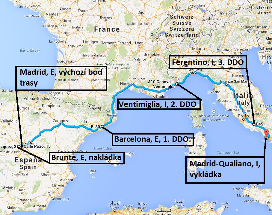 Obrázek 8: Trasa Madrid-Neapol po pevnině