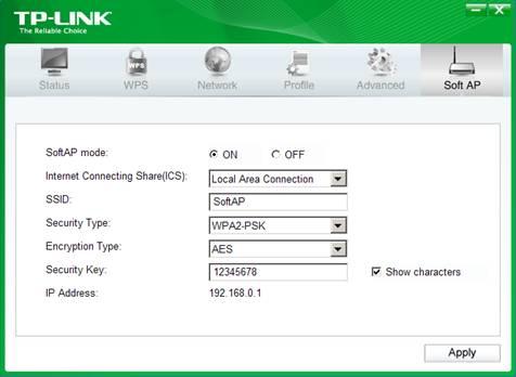 Po úspěšné konfiguraci režimu SoftAP mode se vedle ikony Advanced objeví ikona Soft AP. Po kliknutí na tuto ikonu se zobrazí okno (obr. 2.10), kde jsou uvedeny parametry Wifi sítě SoftAP jako např.