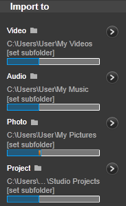 projektů aplikace Pinnacle Studio. Na obrázku vidíte typickou situaci v systému Windows. Chcete-li složku pro import změnit, klikněte na malé tlačítko složky nebo na cestu aktuální složky.