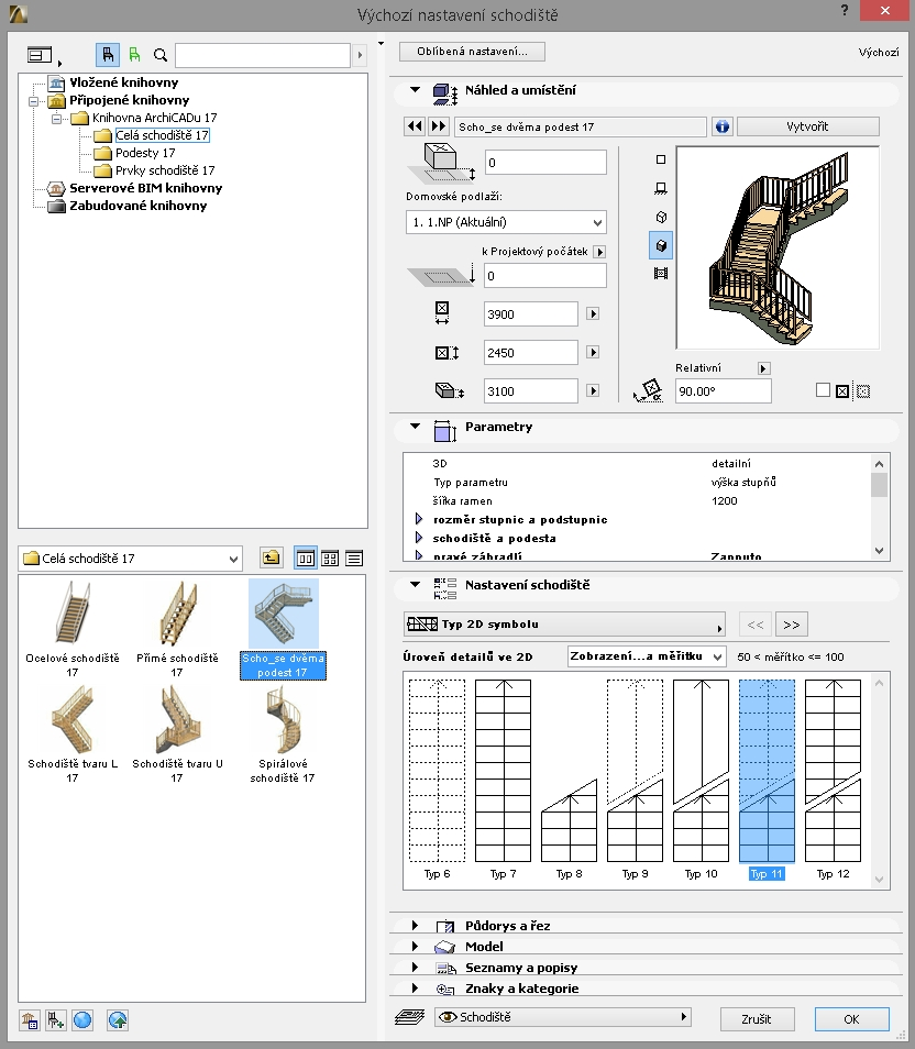 Schodiště z knihovny: Pro tvorbu schodiště je v ArchiCADu samostatný nástroj. Přes něj však můžeme využít dva způsoby vkládání schodiště: 1.