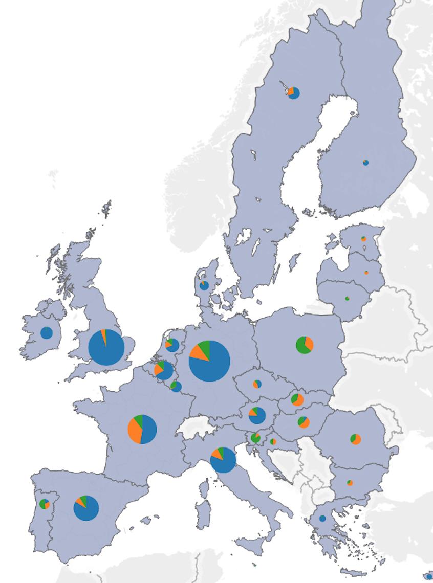 Mapa 1 Rozložení odchozích pracovníků v EU dle právního charakteru a celkového počtu (tis.), oficiální statistiky Zdroj: Eurostat, vlastní výpočet. Pozn.
